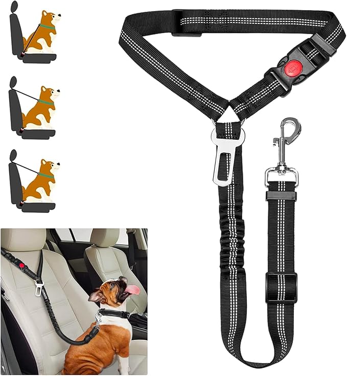 Removable Dog Seat Belt Harness for Car, 3 in 1 Pet Car Seatbelt Leash, Retractable Restraint Secures to Vehicle Headrest & Adjustable Reflective Dog Seatbelt Tether (Ying Green&Black, 2pcs)