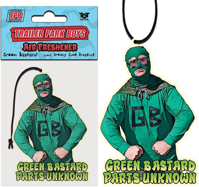 Trailer Park Boys Green Bastard “Parts Unknown” Air Freshener – Greasy Lime Dropkick Scent – Funny Bubbles Wrestler Design for Car, Locker, or Gym Bag
