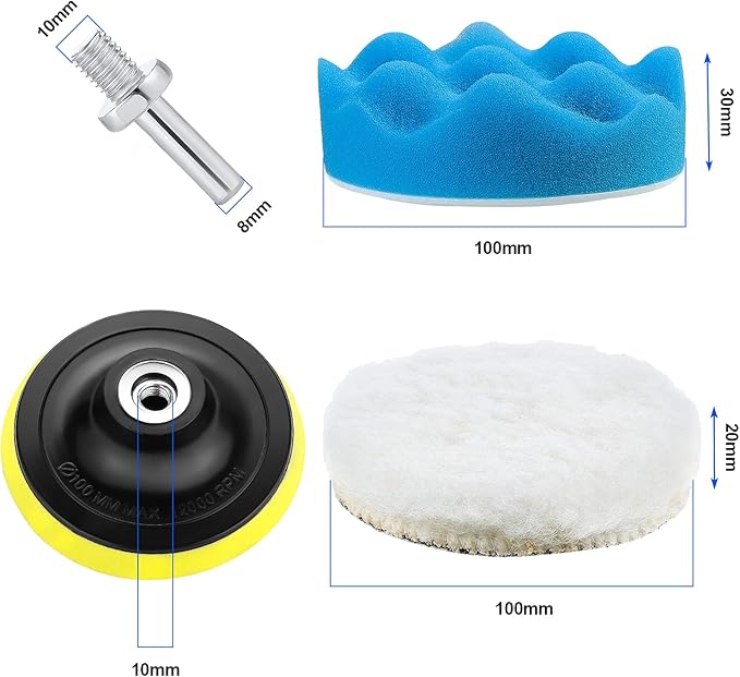 OCR 10Pcs 4 inch Car Polishing Pad Kit, Sponge and Wool Polishing Pad Set with M10 Drill Adapter, Car Buffer Polisher Drill Buffing Kit for Polishing,Waxing,Sealing Glaze
