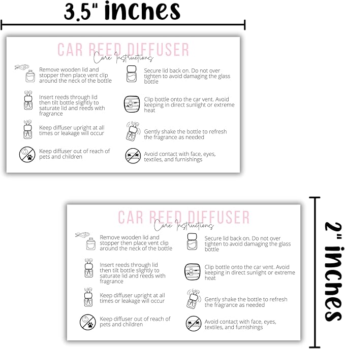 Reed Vent Car Oil Diffuser Care Instruction Card | 50 pk 2x3.5” Freshie Wood Top Car Freshie Insert Package for Selling to DIY Customers