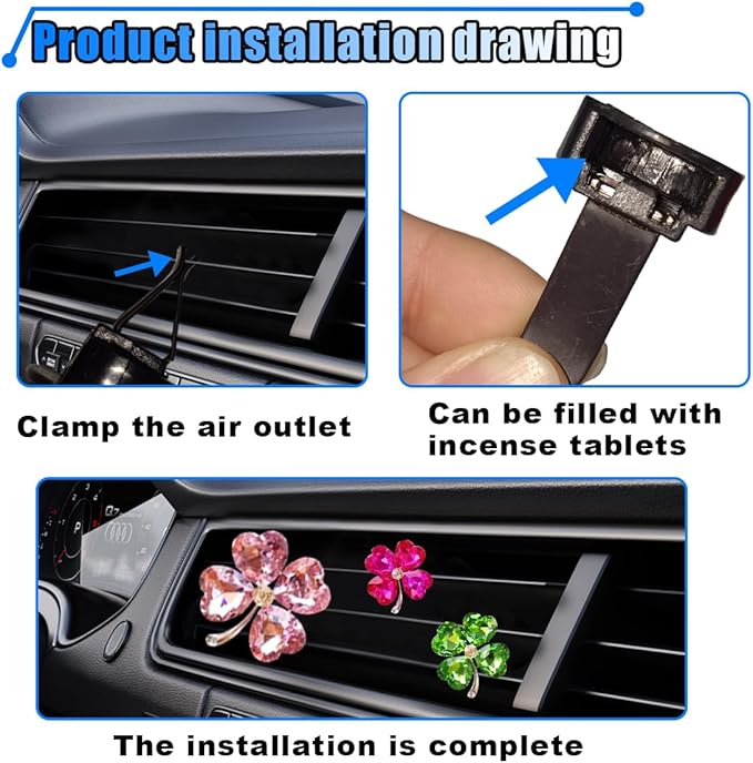3PCS Bling Four Leaf Clover Car Dashboard Air Vent Trim Clips, Crystal Rhinestone Auto Air Fresheners Outlet Clips, Cute Car Interior AC Decoration Accessories for Women (Big Pink/Small Rose & Green)