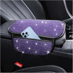 Bling Car Center Console Cover, Crystal Rhinestone Vehicle Armrest Cover Cushion with 2 Storage Bags for Women Girls, Diamond Auto Storage Box Protector Pad, Universal Fit (Purple)