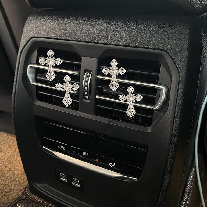 Bling Cross Air Vent Clips, 4 Pcs Crystal Cross Car Air Fresheners Vent Clips Car Diffuser Vent Clip Rhinestone Diamond Cross Decoration Interior Decor Bling Accessories for Women