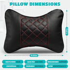 Set of 2 Quilted Faux Leather Car Headrest Pillow, Black Case/Red Threading, Ergonomic Neck Support for Comfortable Driving (Black Base/Red Thread)