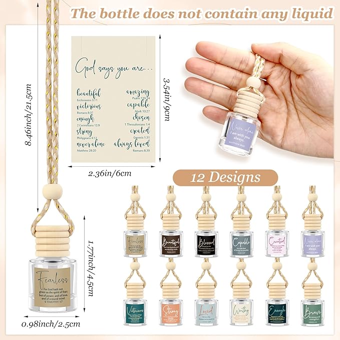 Maxdot 24 Set Christian Easter Gift Bulk Church Empty Hanging Car Air Freshener Diffuser Bottles 8ml for Essential Oils Religious Biblical Gifts for Women Men Employee Church Members