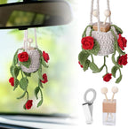 Crochet Car Air Freshener, 8ml Empty Refillable Oil Diffuser Bottle with Hanging Crochet Red Rose Plant & Hanging Tools, Car Rearview Mirror Diffuser for Wall Art & Home & Office Decoration