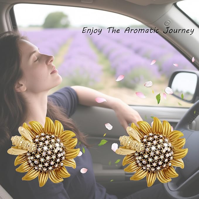 Sunflower Car Accessories,Movable Bee Flower Car Air Freshener Vent Clips,Bling Air Vent Aesthetic Decorations for Women,Refillable Aroma Diffusers