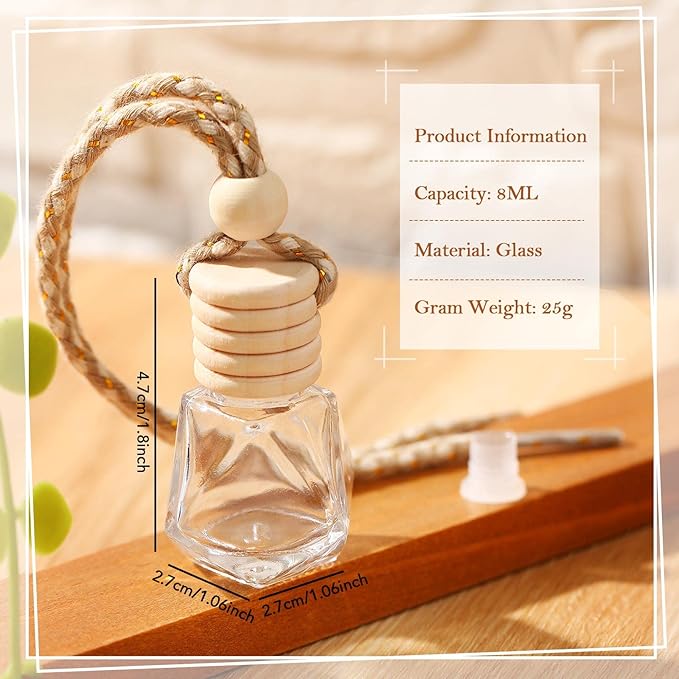 Rtteri 100 Pcs Hanging Car Air Freshener Diffuser Bottles Empty Glass Perfume Diffuser Vials Refillable Oil Aromatherapy Pendant with Wooden Caps and Hanging String for Car Home Office Decor(Diamond)