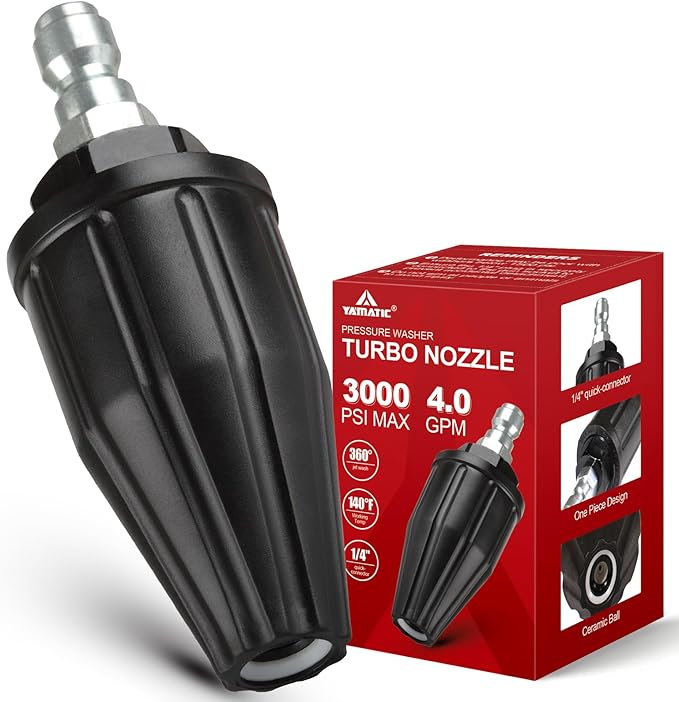 YAMATIC Pressure Washer Tips Turbo Nozzle, 360° Rotating Spray Turbo 3000 PSI 4.0GPM with 1/4" Quick Connector, Compatible with Ryobi, Greenworks, Craftsman, Troybilt, Simpson