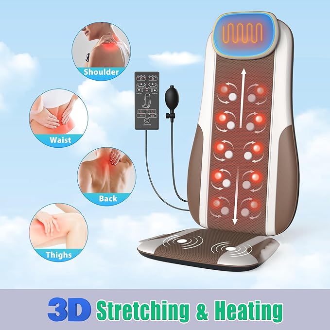 Shiatsu Back Massager with Heat, Massage Chair Pad Seat Cushion for Stress Relief, Deep Tissue Kneading & Roller, 2 Vibration Motors, Back Waist Hip Massager, PU Leather, with 2 Adapters