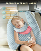 Memory Foam Kids Travel Pillow, Car Pillow for Kids, H-Shape Car Pillows for Sleeping, Removable Pillowcase, Adjustable, Velvet Dots, Blue