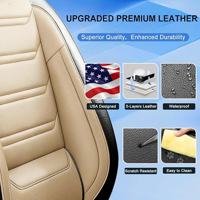 Fit Colorado Car Seat Covers for Select Chevy/Chevrolet Colorado 2015-2026, Premium Full Coverage Leather, Waterproof All Weather Breathable Seat Cushion Protector, Front Pair Black+Beige