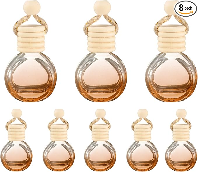 uxcell 8pcs Hanging Car Air Freshener Perfume Bottle, 10ml Pendant Empty Clear/Brown Glass Essential Oil Aromatherapy Diffuser with Wooden Cap for Car Decor (Clear/Brown, Round)