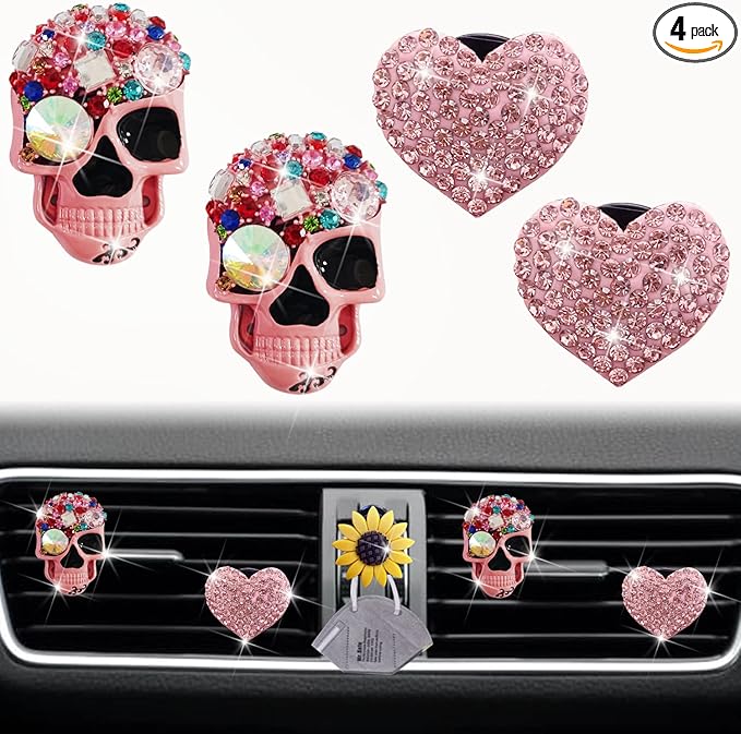 Pink Heart & Skull Air Vent Clips - 4 Pcs Diamond Car Interior Decor, Bling Skeleton Air Fresheners, Vents Clips, Funny Car Accessories + Sunflower Mask Hook
