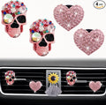 Pink Heart & Skull Air Vent Clips - 4 Pcs Diamond Car Interior Decor, Bling Skeleton Air Fresheners, Vents Clips, Funny Car Accessories + Sunflower Mask Hook