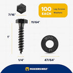 1/4 x 1 (100 Pack) Lag Screw Kit, 100 Screws and 100 Washers, Ceramic Black Ruspert Coating for Exterior Use, Meets ASTM A307 and ASME B18.2.1, Industrial/Commerical Grade by Makers Bolt