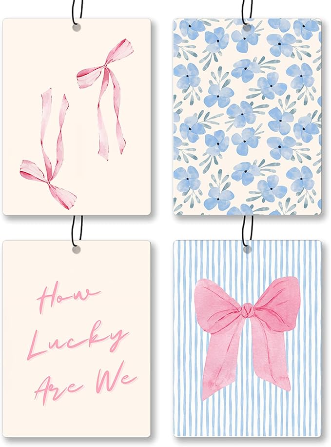 Preppy Coquette Pink Bow Floral Car Air Freshener 4 Pcs - Trendy How Lucky Are We Bow Flowers Air Freshener Hanging Decor for Cars Closet Drawer Books, Girly Car Accessories Mirror Decor for Women