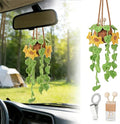 Crochet Car Air Freshener, Sunflower Car Rearview Mirror Diffuser with 8ml Refillable Essential Oil Bottle, Adjustable Strap Hanging Clamp, Crochet Hanging Plant for Car Home Office Decor