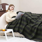 PuTian Merino Wool Blanket - 63" x 51" Thick Warm Soft Twin Bed Throw - Great for Camping, Outdoors, Travel, Car, Couch, All Seasons Green Stripe