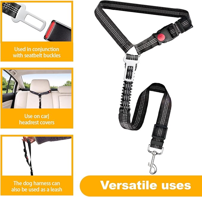 2-Pack Dog Car Seat Belt, 3-in-1 Headrest-Mounted Dog Seatbelt for Car, Adjustable Nylon Pet Safety Leash with Elastic Buffer & Reflective Stitching, Durable Car Harness for Dogs Fits Most Vehicles