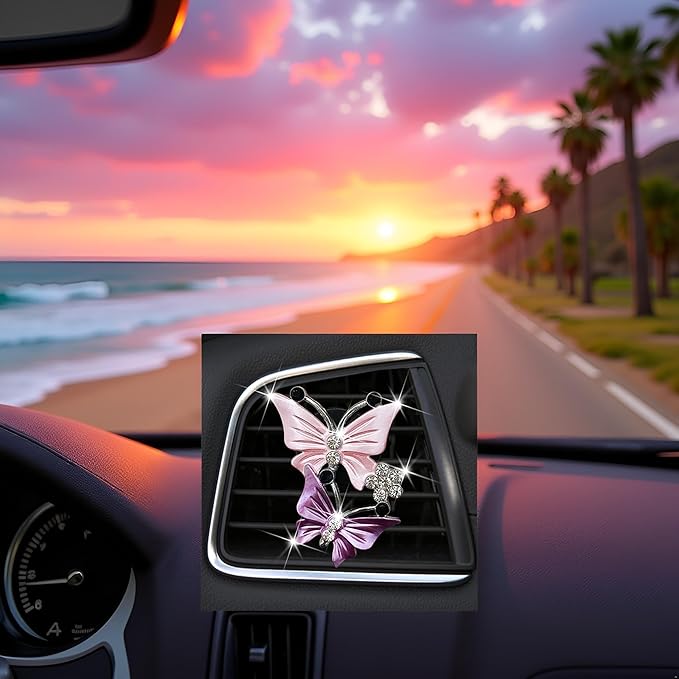 Car Air Fresheners Vent Clips for Women, Cute Dual Butterfly Diamond Rhinestone Sparkly Bling Air Freshener Accessories