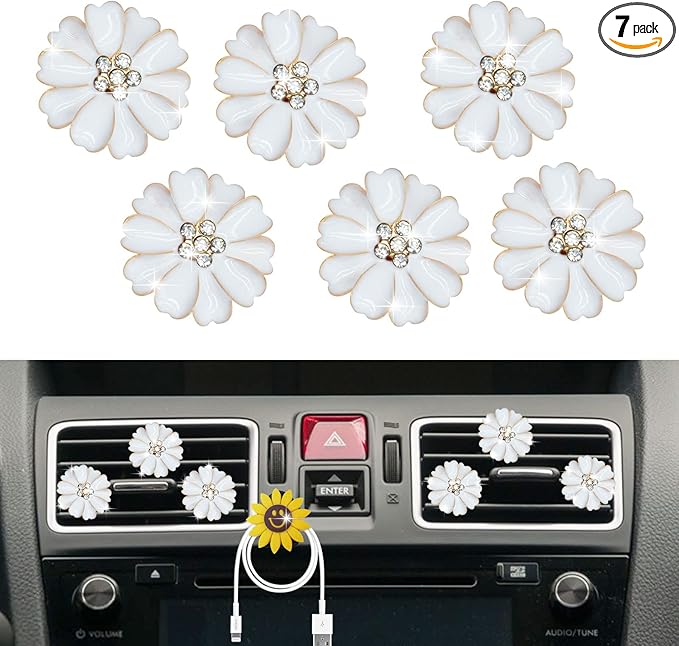 Daisy Air Vent Clips - 6 Pcs Cute Flower Car Air Fresheners Vents Clips Glam Car Interior Decor Charm Accessories for Women (White)+ Mask Hook