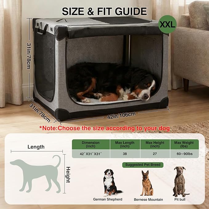 42" L x 31" W x 31" H Collapsible Travel Dog Crate, Quick-Setup Portable Soft Dog Kennel for Large Dogs up to 90 lbs, 4-Door Foldable Travel Crate with Storage Bag, Grey