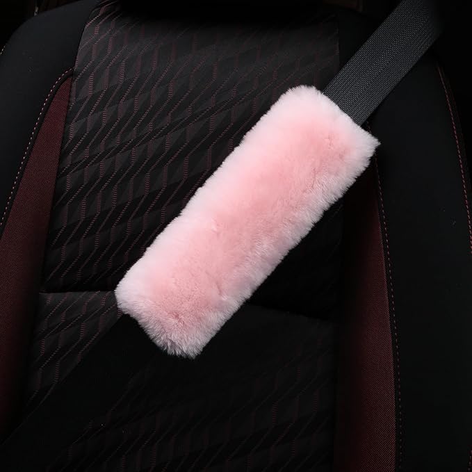 Soft & Cozy Australian Sheepskin Car Seat Belt Covers,2 Pack Fluffy Seatbelt Pads, Genunie Sheepskin Fur Shoulder Straps Cushions for Adults Kids Women and Men (Light Pink)