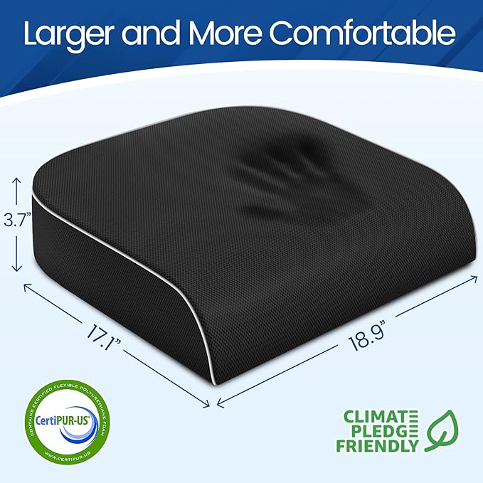 Seat Cushion for Tailbone Pain Relief, Office Chair Cushion, Memory Foam Large Chair Cushion with Non-Slip Cover for Soft Support at Office Chair, Car Seat, Airplane Black/2X-Large