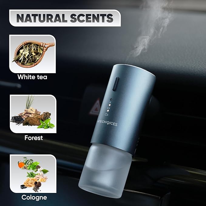 Intelligent Aromatherapy Smart Car Air Freshener & Diffuser with 3 Fragance Oils, USB-C Rechargeable, Silent, Refillable, Auto On/Off for Home, Office