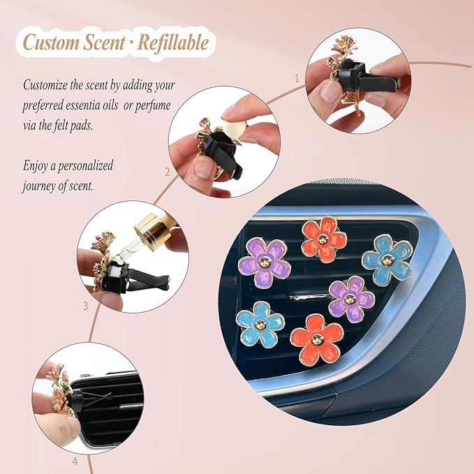 6pcs Flower Car Air Freshener Vent Clips,Purple Orange Blue Daisy Flowers Air Vent Clip Car Accessories for Women 3.3cm/3cm Flower Girly Vehicle Decor,Refillable Diffuser