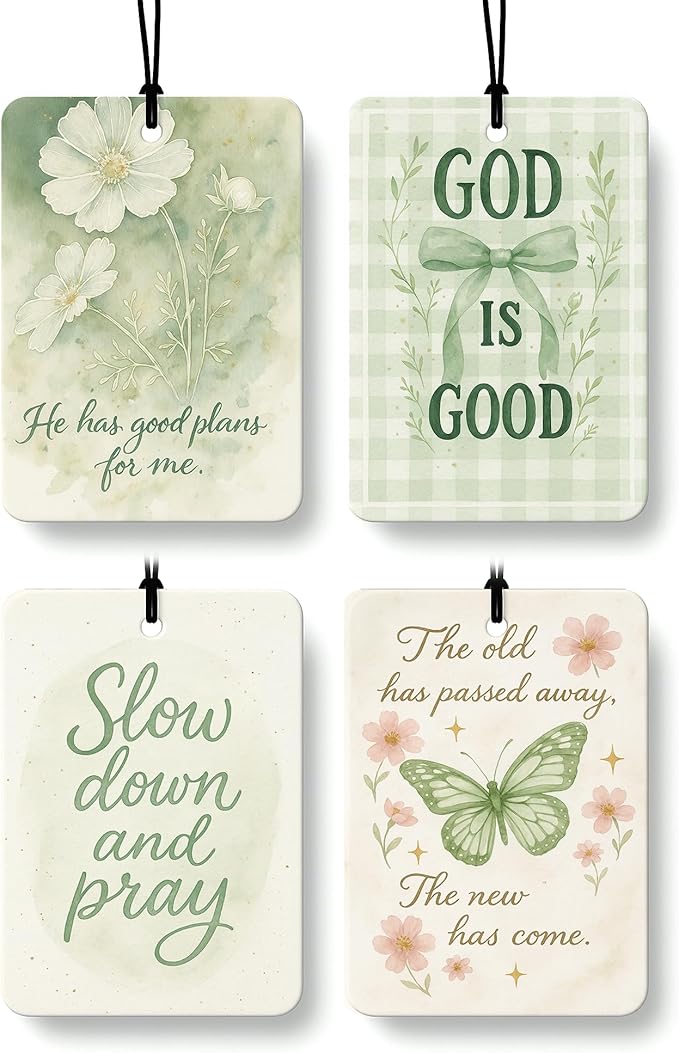 Retro Green Floral Bow Butterfly Christian Car Air Freshener 4 Pcs, Girly Religious Hanging Air Freshener for Cars Closet Drawer Books, Christian Car Accessories Mirror Decor for Women