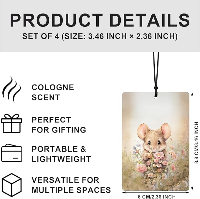 Spring Floral Bunny Mouse Fox Badger Car Air Freshener 4 Pcs, Whimsical Forest Animal Botanical Wildflower Hanging Air Freshener for Cars Closet Drawer Books, Cute Car Accessories for Women