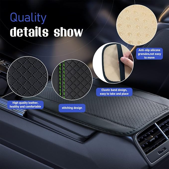 Ziciner Car Center Console Armrest Pad, 12.6X 7.2 Inch PU Leather Waterproof Auto Armrest Seat Box Cover Protector, Universal Car Interior Accessories (Black & Green)