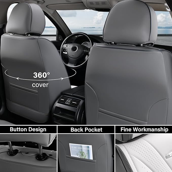 Coverado Front and Back Seat Covers, Waterproof Car Seat Cover, 5 Seat Leather Seat Cover for Cars, Universal Car Seat Protector, Automotive Seat Cover Car Seat Cushion Fit for Most Cars (Gray&White)