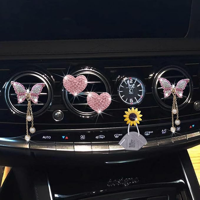 Pink Heart & Butterfly Pandent Air Vent Clips, 4 Pcs Bling Heart Car Air Fresheners Vents Clips Diamond Interior Decor Bling Cute Car Accessories Decoration for Women +Sunflower Mask Hook