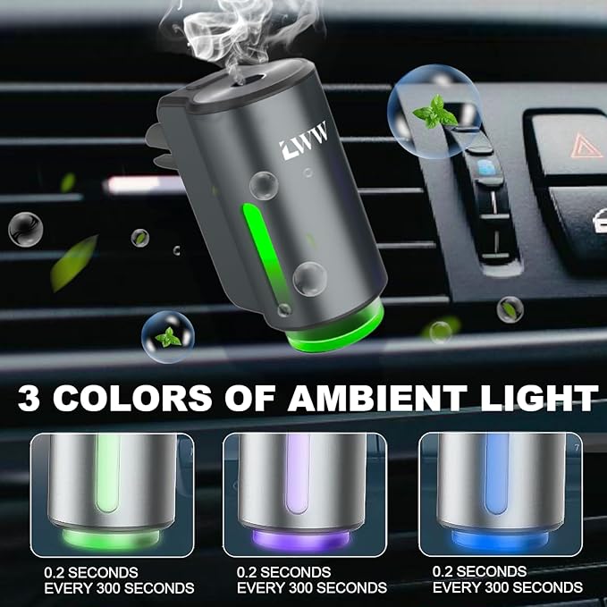 Car Air Freshener - Smart Adjustable 3-Speed Intensity, Rechargeable Humidifier Car Essential Oil Diffuser - Comes with 8 Bottles of 10ml Perfume (Gray)