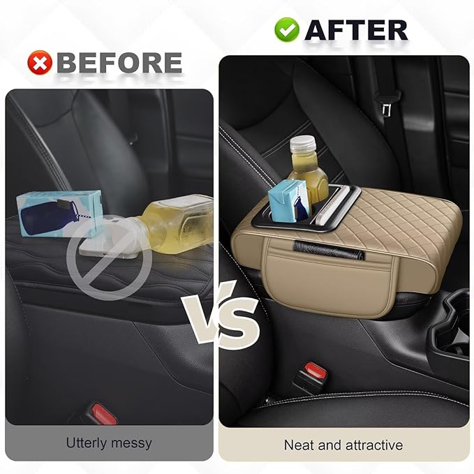 Center Console Cover Fit for bZ4X Faux Leather Car Armrest Cushion with Storage Bags, Cup Holder ＆ Phone Storage Multifunctional Middle Console Cover(Beige)