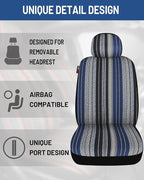 Baja Saddle Blanket Car Seat Covers Front Set with Seat Belt Pads, Washable Breathable Striped Woven Cloth Seat Covers for Cars, SUV, Truck, Airbag Compatible(Blue)