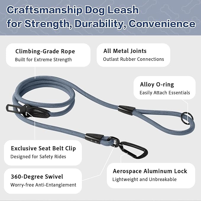 PawsPassion Rope Dog Leash 6 FT, 2-in-1 Heavy Duty Dog Leash with Seat Belt Buckle, Tangle Free 360ｰ Swivel Aviation Aluminum Carabiner, All Metal Hardware, Alloy O-Ring (Horizon)