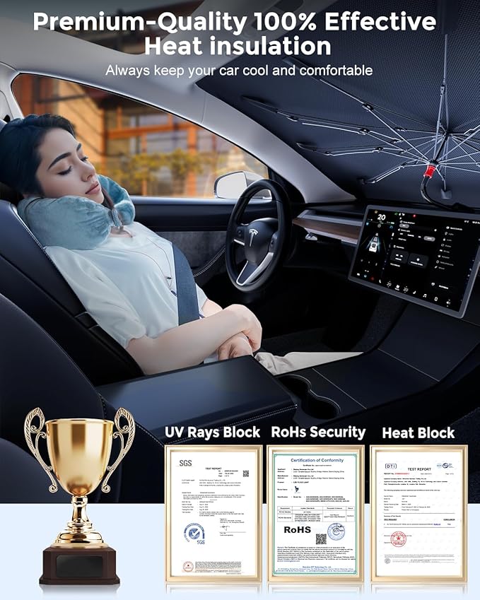 DMJN Umbrella Windshield Sun Shade - Small, Car Sunshade for Front Windshield [Nano Ice-Crystal Coatings] UPF50+ Heat & UV Block, Protect Interior & Keep Cooler Universal for Car, SUV, Truck
