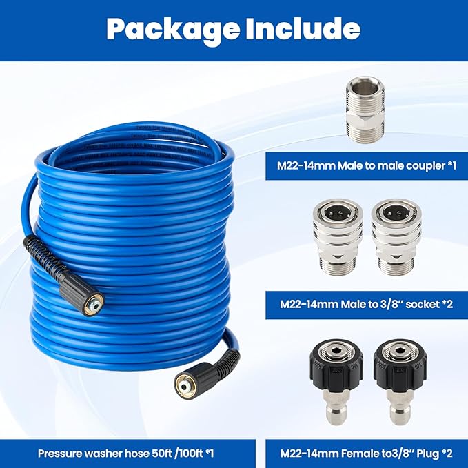 Twinkle Star Super Flexible Pressure Washer Hose 100ft, 5800 PSI Kink Resistant Power Washer Hose 1/4 in., Replacement Power Wash Hose with Stainless Steel M22 and 3/8" Quick Connection Kit