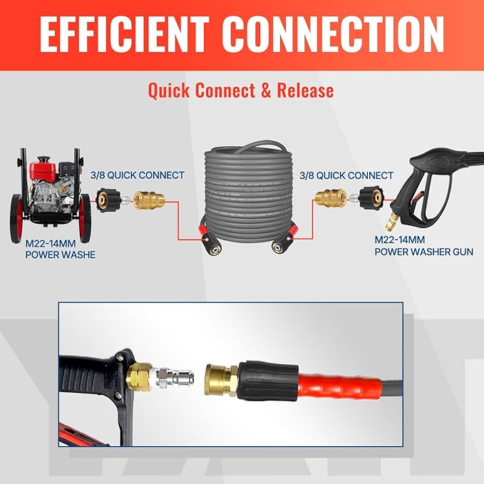 YAMATIC Upgraded Flexible Pressure Washer Hose 100FT 1/4", 3200 PSI Non-Kink Replacement with M22-14mm & 3/8" Quick Connect Adapters, Extension for Gas Power Washer Troy-Bilt Ryobi Honda Craftsman