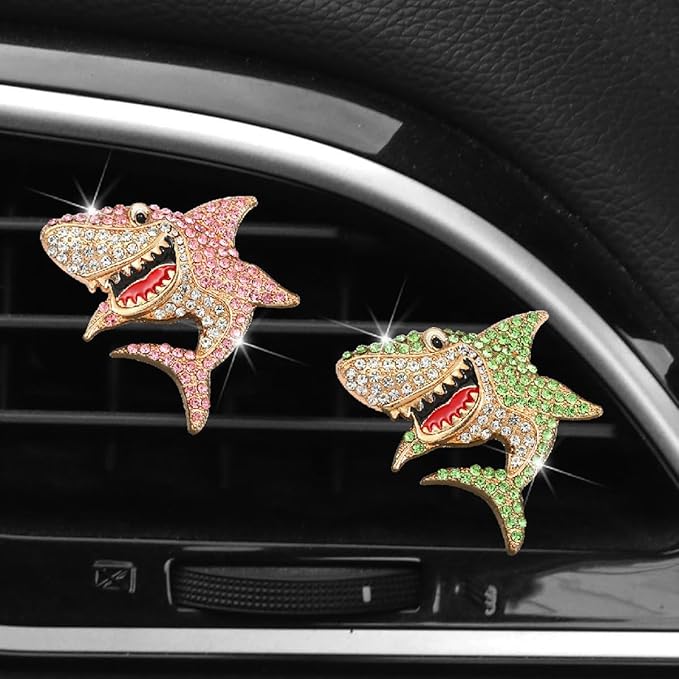 Generic 2 PCS Bling Rhinestone Sharks Car Air Vent Clips Cute Marine Animals Car Air Freshener Clip Air Conditioning Outlet Clip Funny Car Interior Decoration Accessories for Women Men (Pink Green)