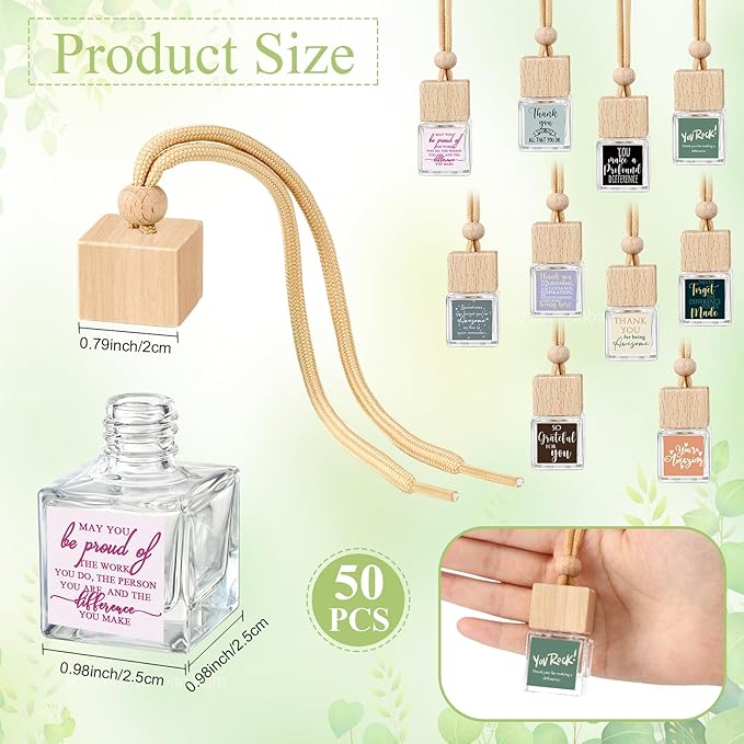 Havawish 50 Pcs Appreciation Gift Bulk for Employee Staff Empty Glass Essential Oil Diffuser Car Air Freshener Diffuser for Teachers Hanging Ornament Inspirational Team Thank You Gift