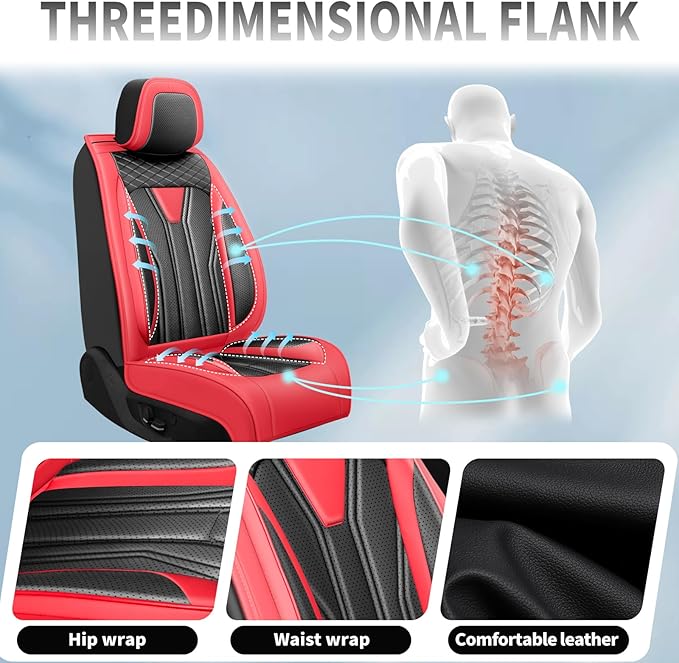 Fit Kona Car Seat Covers for Select Hyundai Kona 2018-2025 2026. Premium Leather, Waterproof， Breathable, Scratch-Resistant & All-Weather Seat Cushion Protector (Full Set, Red&Black)