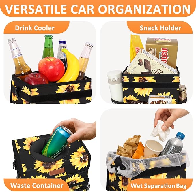 3 Gallons Car Trash Can with Lid, Car Bag Bin Hanging Waterproof Automotive Garbage Cans Leak Proof Vehicle Trash Can Sunflower