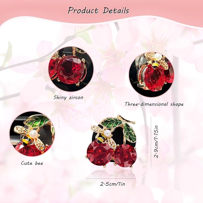 Cherry Car Decor,2pcs Bee Leaf Cherry Car Air Freshener Vent Clips,Cute Retro Sweet Themed DashBoard Decoration Accessories for Women Teens,Refillable Aroma Diffuser