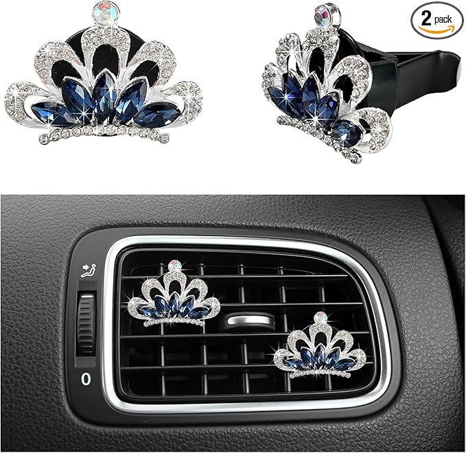 2 PCS Bling Car Air Vent Clips, Crystal Rhinestone Crown Vent Decorative Air Freshener Clips, Sparkly Diamond A/C Outlet Aroma Diffuser Clip for Vehicles, Car Accessories (Blue)
