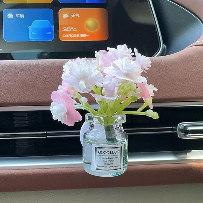 Set of 4 Cute Flower Bouquet in Glass Vase Car Air Freshener Vent Clips, Mini Artificial Flowers for Car Air Vent Decoration, Auto Interior Dash Ornament Accessories